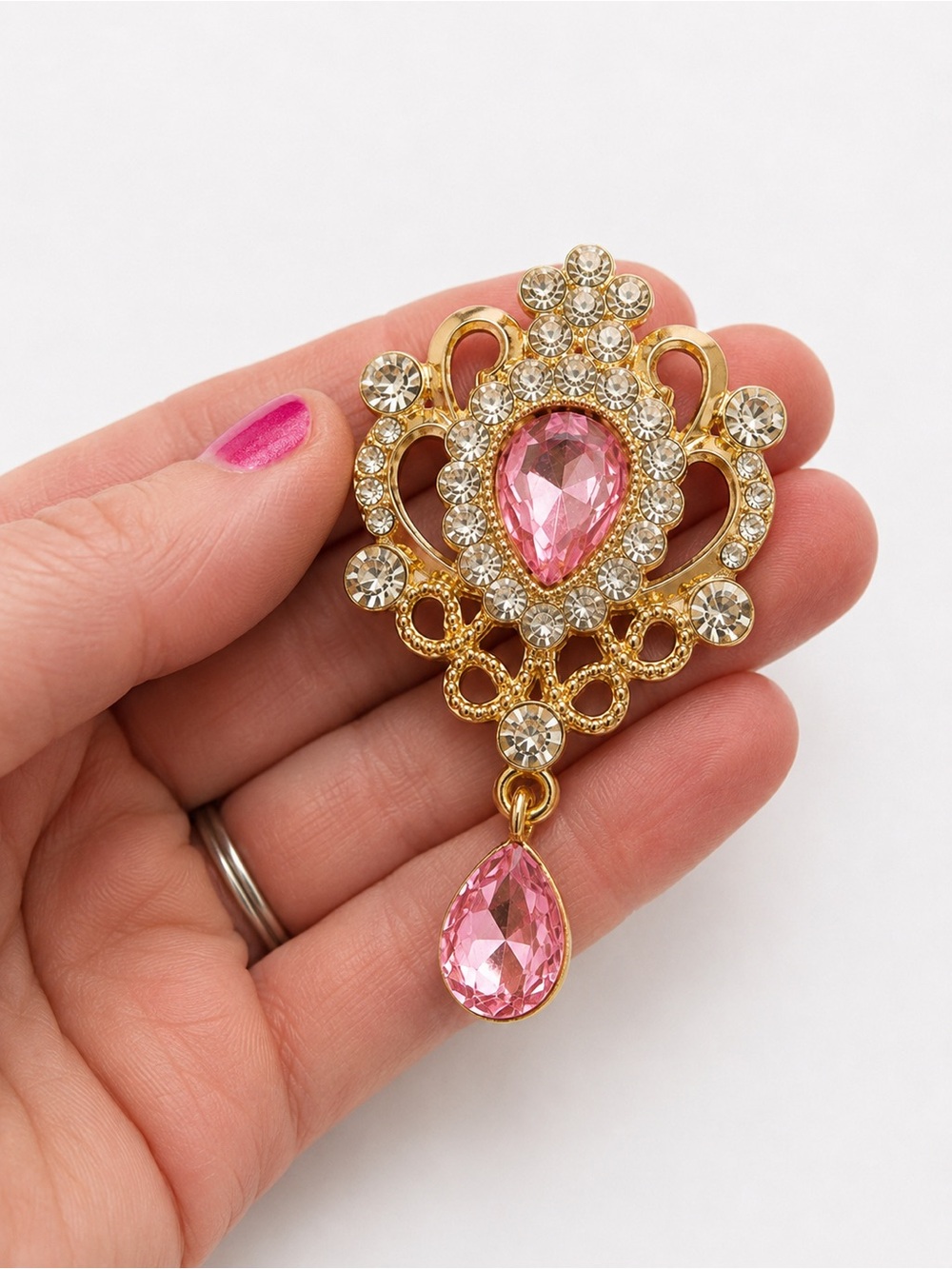 NWT Pink Rhinestone Dangle Brooch Pin Gold Tone Princess Crown Statement Brooch - Picture 3 of 6